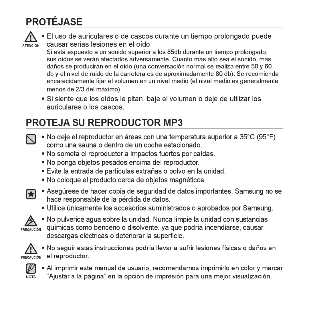 Samsung YP-S2QU/EDC, YP-S2QB/EDC, YP-S2ZR/EDC, YP-S2ZU/EDC, YP-S2ZB/EDC, YP-S2QW/EDC, YP-S2ZG/EDC Proteja SU Reproductor MP3 