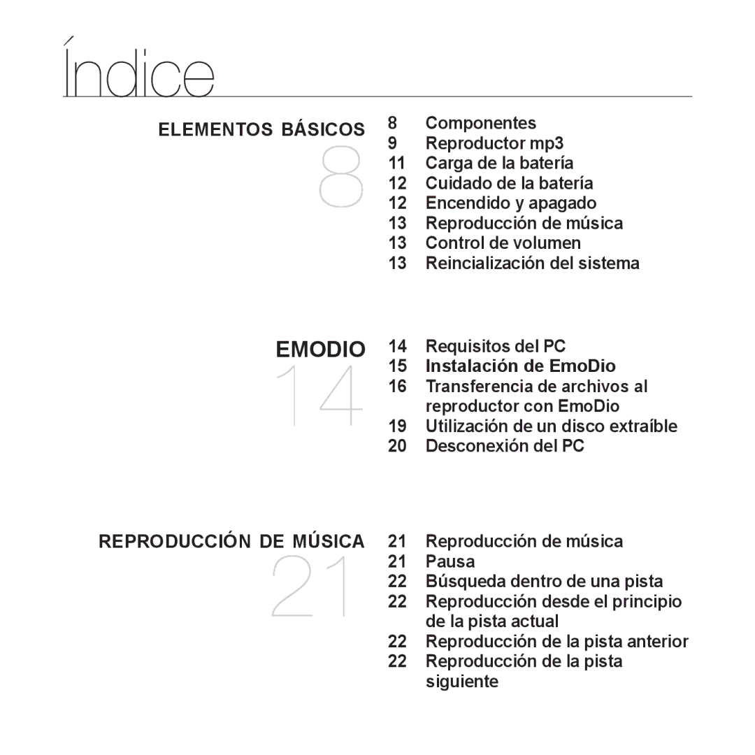 Samsung YP-S2ZG/EDC, YP-S2QB/EDC, YP-S2ZR/EDC, YP-S2ZU/EDC, YP-S2ZB/EDC, YP-S2QW/EDC, YP-S2QU/EDC, YP-S2QR/EDC manual Índice 