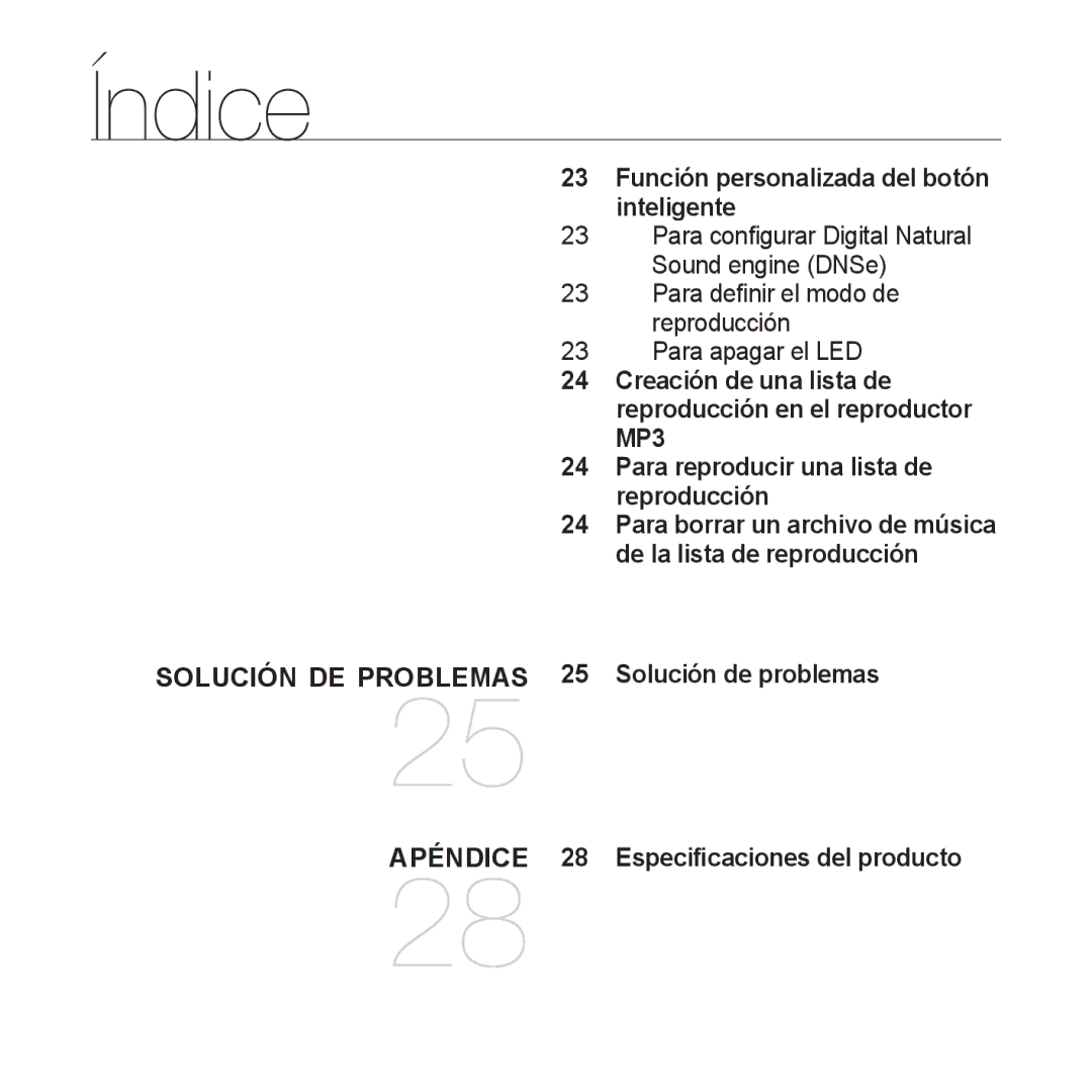 Samsung YP-S2QR/EDC manual Función personalizada del botón inteligente, Solución de problemas Especiﬁcaciones del producto 