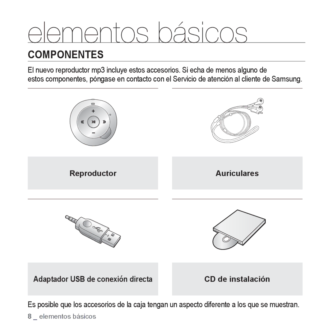 Samsung YP-S2QG/EDC, YP-S2QB/EDC Elementos básicos, Componentes, ReproductorAuriculares Adaptador USB de conexión directa 