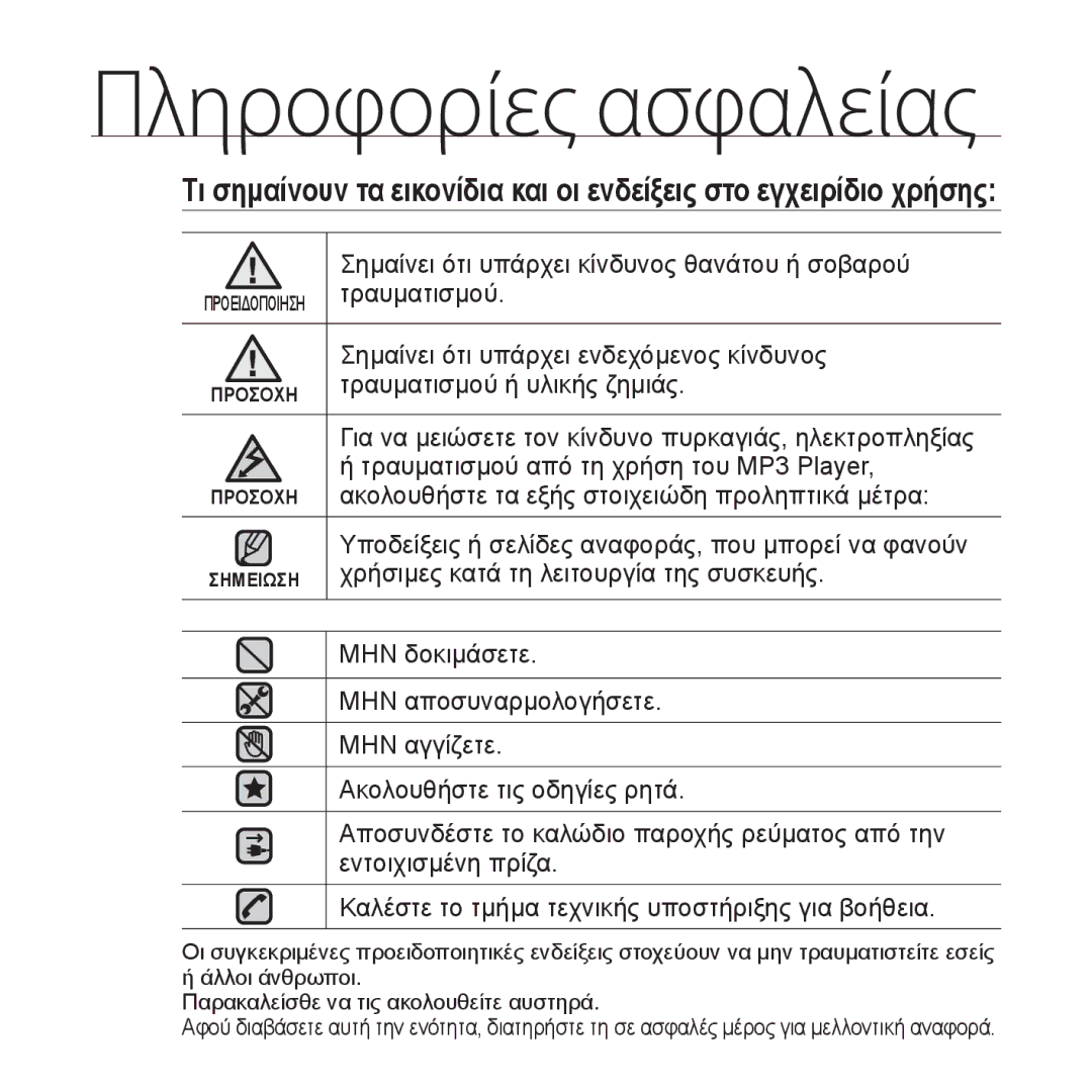 Samsung YP-S2ZB/EDC, YP-S2QB/EDC manual Σημαίνει ότι υπάρχει κίνδυνος θανάτου ή σοβαρού, Τραυματισμού ή υλικής ζημιάς 