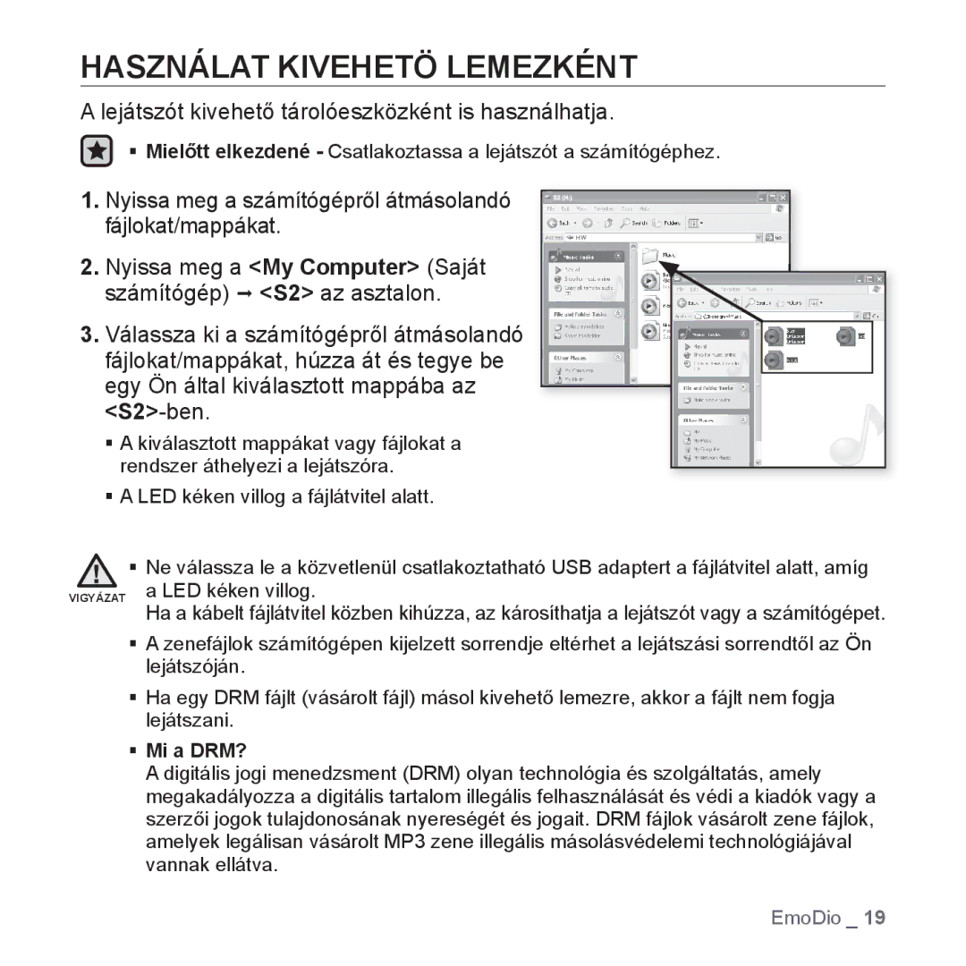 Samsung YP-S2QG/EDC, YP-S2QB/EDC manual Használat Kivehetö Lemezként, Lejátszót kivehető tárolóeszközként is használhatja 