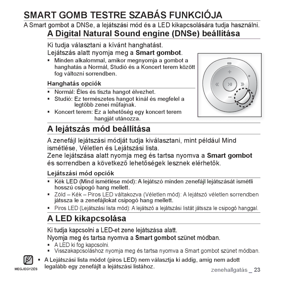 Samsung YP-S2ZR/EDC, YP-S2QB/EDC manual Smart Gomb Testre Szabás Funkciója, Digital Natural Sound engine DNSe beállítása 