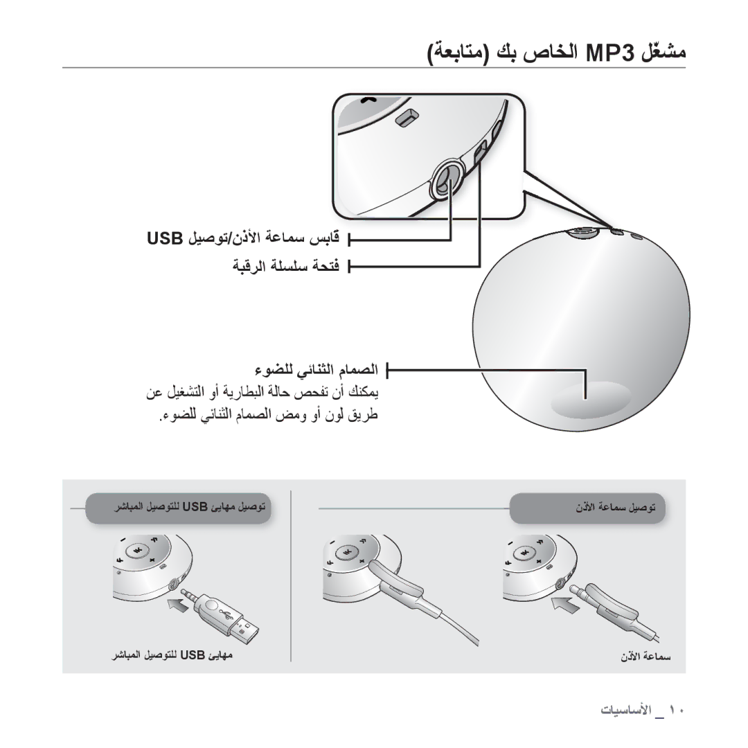 Samsung YP-S2ZG/MEA, YP-S2QG/AAW, YP-S2ZU/MEA manual ﺔﻌﺑﺎﺘﻣ ﻚﺑ ﺹﺎﺨﻟﺍ MP3 ﻞّﻐﺸﻣ, Usb ﻞﻴﺻﻮﺗ/ﻥﺫﻷﺍ ﺔﻋﺎﻤﺳ ﺲﺑﺎﻗ ﺔﺒﻗﺮﻟﺍ ﺔﻠﺴﻠﺳ ﺔﺤﺘﻓ 