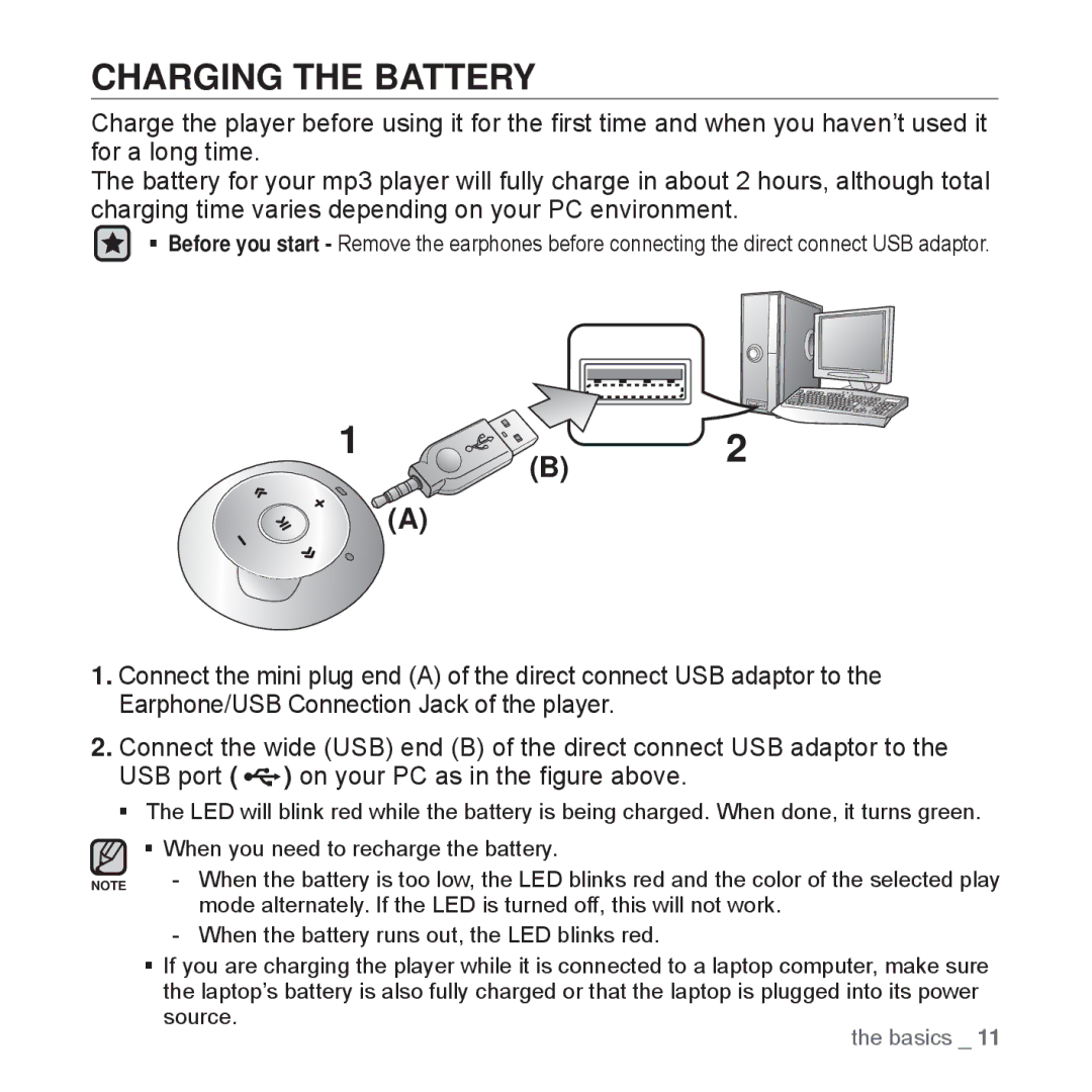 Samsung YP-S2QU/EDC, YP-S2ZB/XEF, YP-S2QR/XEF, YP-S2QB/XEF, YP-S2QU/XEF, YP-S2QW/XEF, YP-S2QG/XEF manual Charging the Battery 