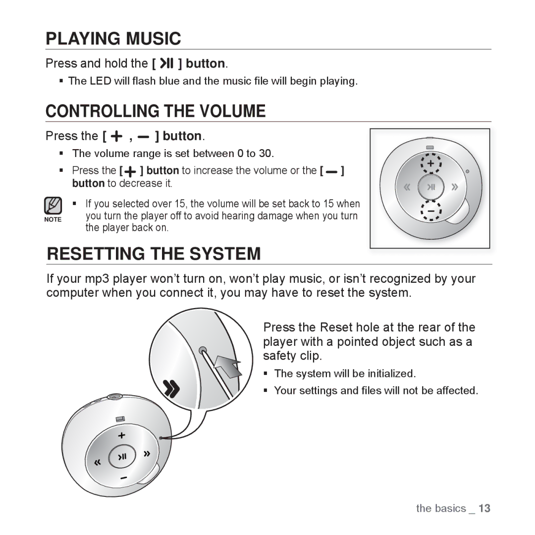 Samsung YP-S2QR/EDC, YP-S2ZB/XEF, YP-S2QR/XEF manual Playing Music, Controlling the Volume, Resetting the System, Press 