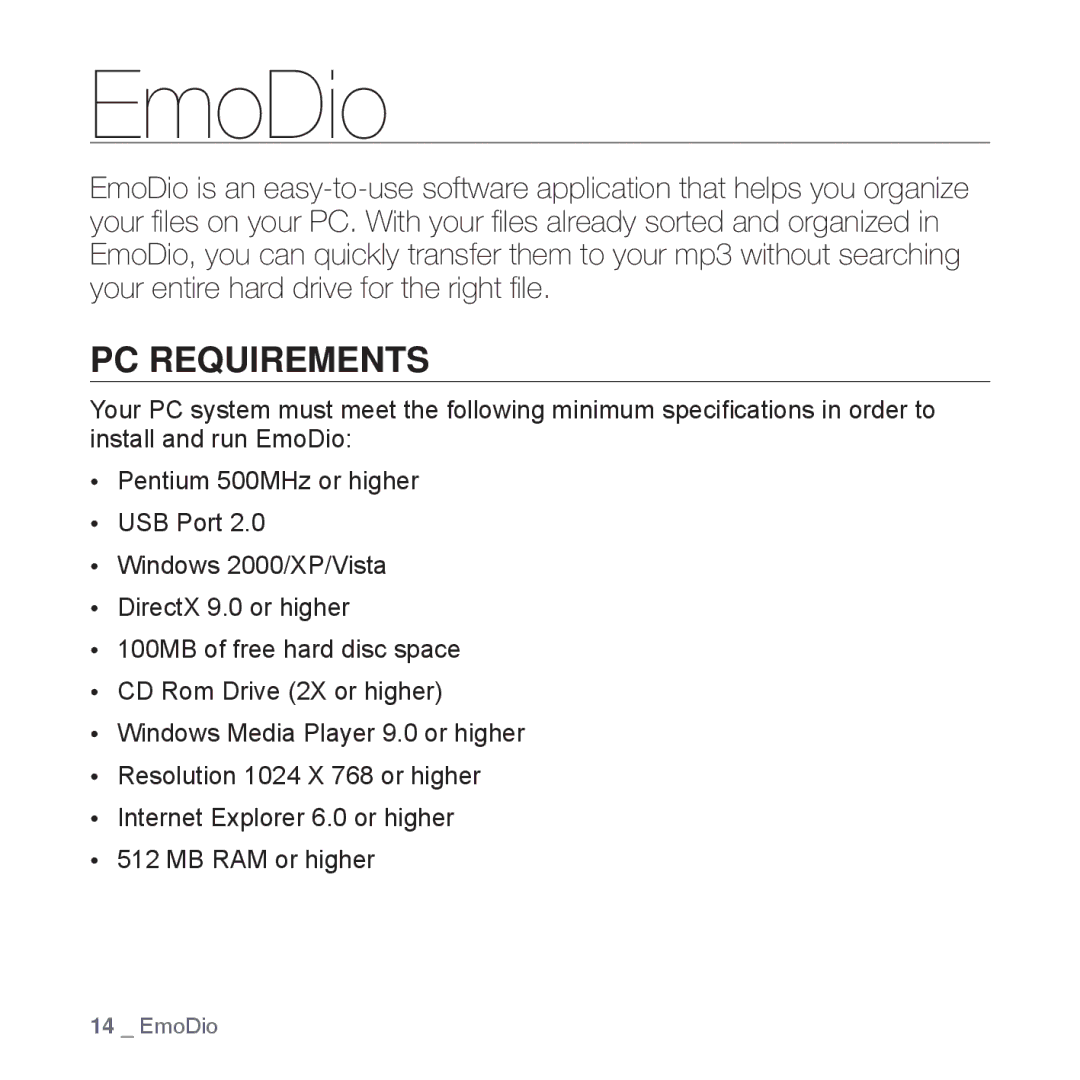 Samsung YP-S2QG/EDC, YP-S2ZB/XEF, YP-S2QR/XEF, YP-S2QB/XEF, YP-S2QU/XEF, YP-S2QW/XEF, YP-S2QG/XEF manual EmoDio, PC Requirements 