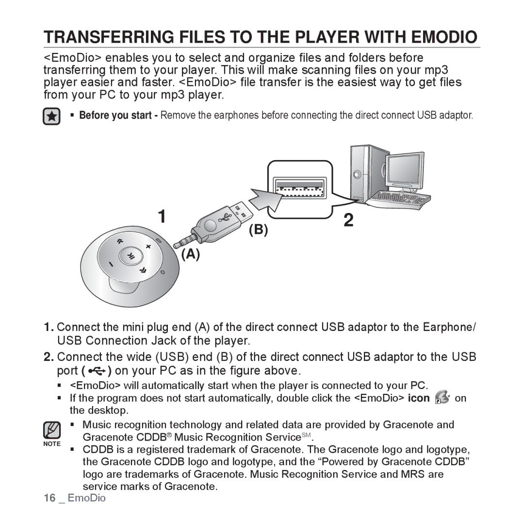 Samsung YP-S2ZB/XEE, YP-S2ZB/XEF, YP-S2QR/XEF, YP-S2QB/XEF, YP-S2QU/XEF manual Transferring Files to the Player with Emodio 