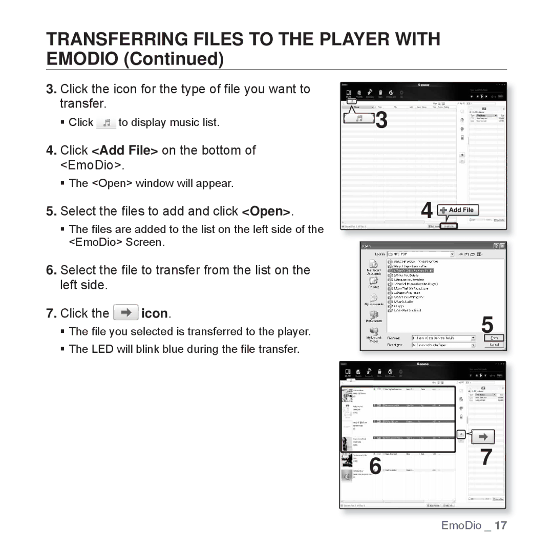 Samsung YP-S2QW/XEE, YP-S2ZB/XEF, YP-S2QR/XEF, YP-S2QB/XEF, YP-S2QU/XEF manual Transferring Files to the Player with Emodio 