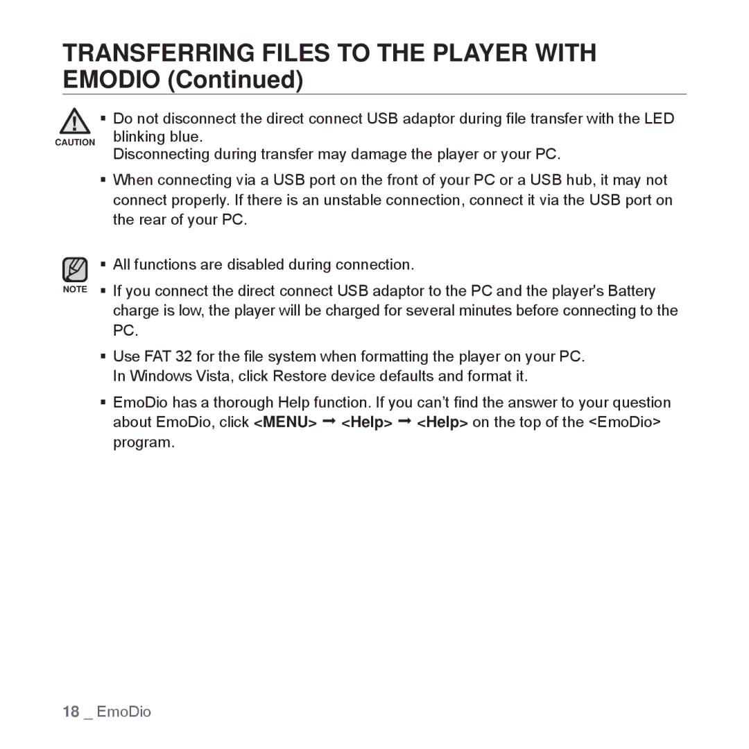 Samsung YP-S2QG/AAW, YP-S2ZB/XEF, YP-S2QR/XEF, YP-S2QB/XEF, YP-S2QU/XEF manual Transferring Files to the Player with Emodio 