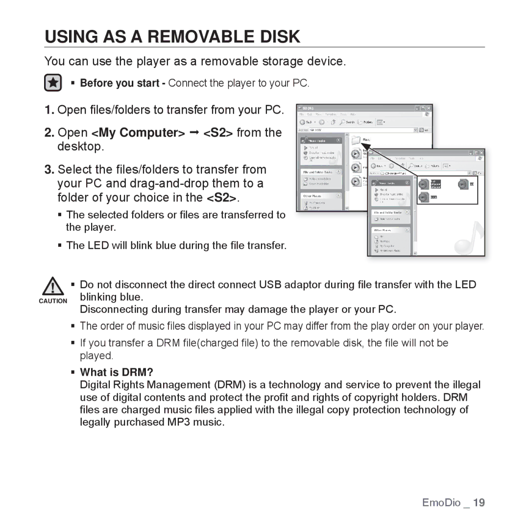 Samsung YP-S2ZU/MEA, YP-S2ZB/XEF, YP-S2QR/XEF, YP-S2QB/XEF Using AS a Removable Disk, Open My Computer S2 from the desktop 