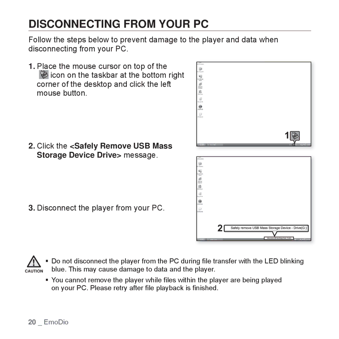 Samsung YP-S2ZB/MEA, YP-S2ZB/XEF, YP-S2QR/XEF, YP-S2QB/XEF Disconnecting from Your PC, Disconnect the player from your PC 