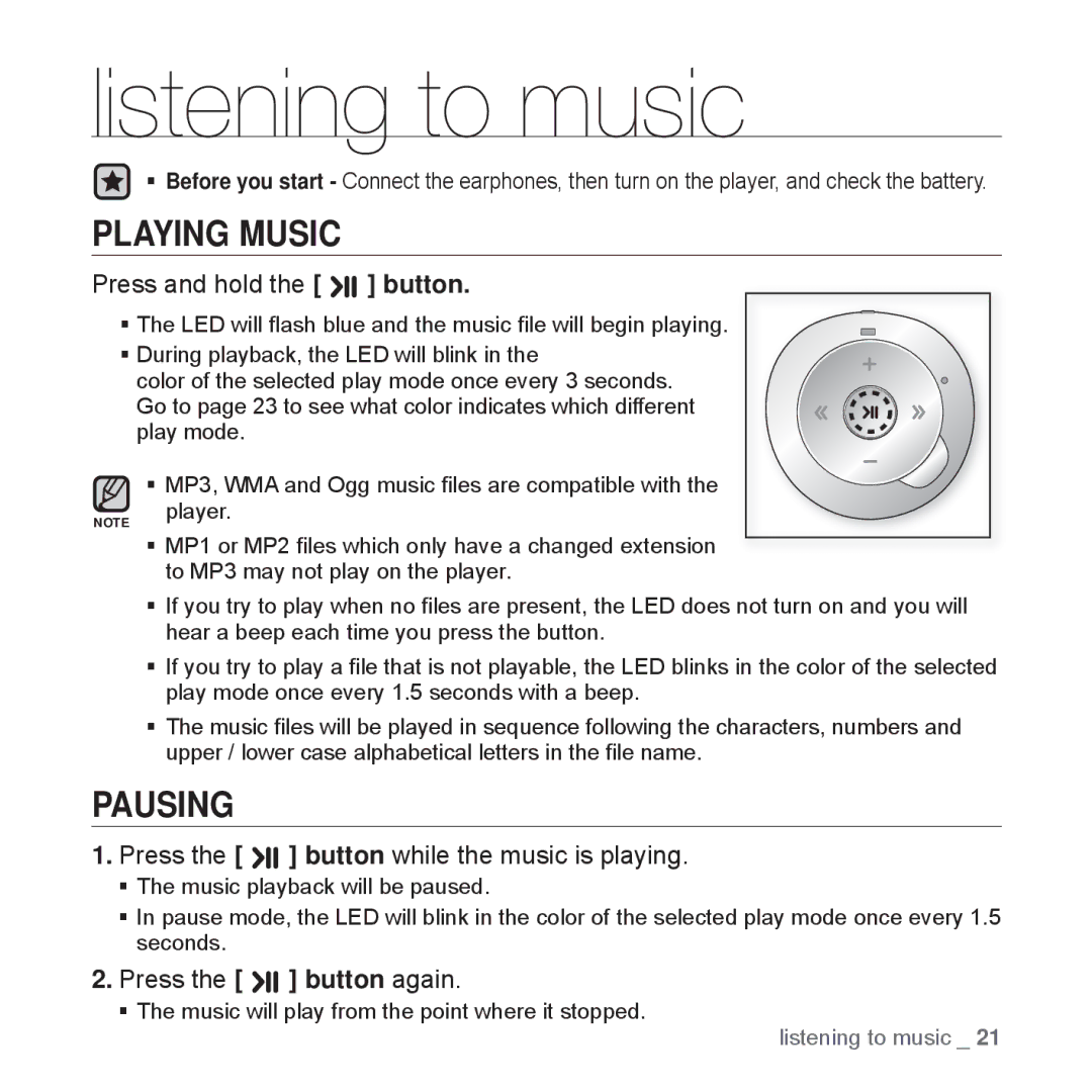 Samsung YP-S2QU/AAW, YP-S2ZB/XEF, YP-S2QR/XEF, YP-S2QB/XEF, YP-S2QU/XEF, YP-S2QW/XEF, YP-S2QG/XEF Listening to music, Pausing 