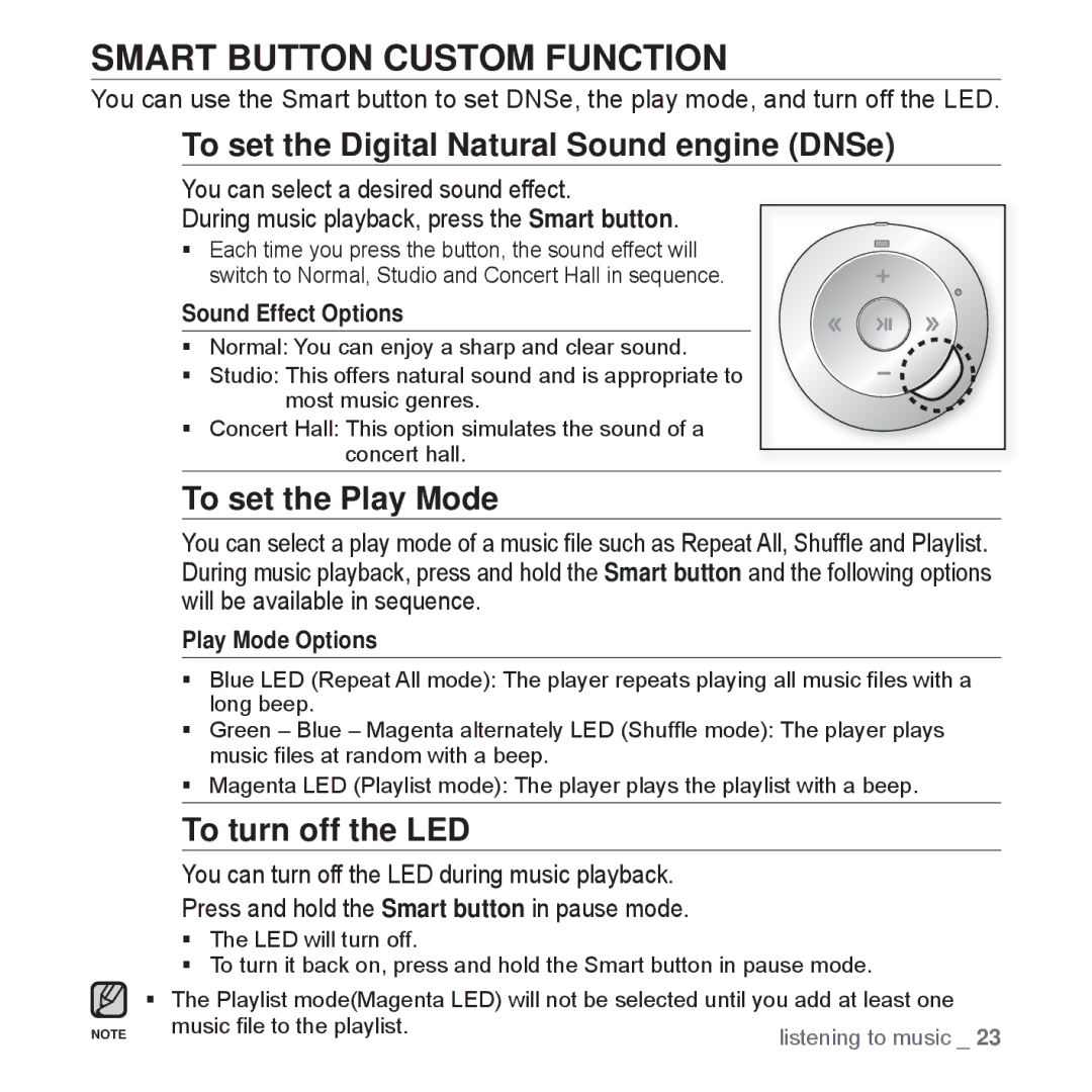 Samsung YP-S2QU/MEA, YP-S2ZB/XEF, YP-S2QR/XEF Smart Button Custom Function, To set the Digital Natural Sound engine DNSe 