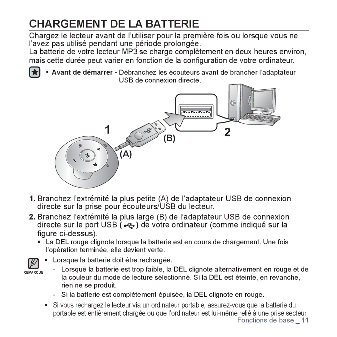 Samsung YP-S2QG/XEF, YP-S2ZB/XEF, YP-S2QR/XEF, YP-S2QB/XEF, YP-S2QU/XEF, YP-S2QW/XEF manual Chargement DE LA Batterie 