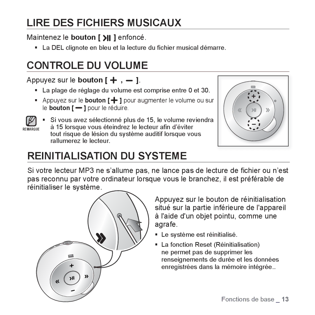 Samsung YP-S2QR/XEF, YP-S2ZB/XEF, YP-S2QB/XEF Lire DES Fichiers Musicaux, Controle DU Volume, Reinitialisation DU Systeme 