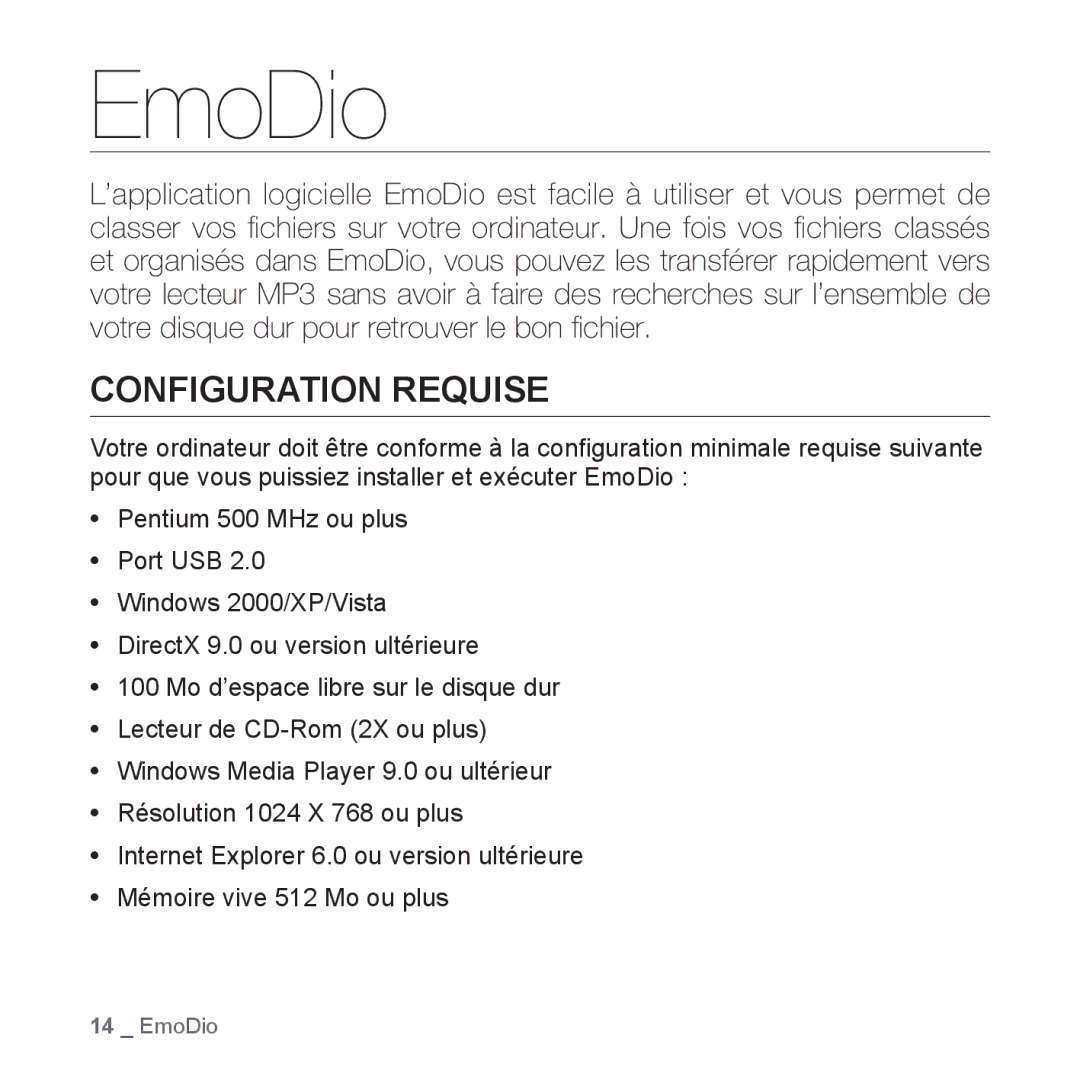 Samsung YP-S2QB/XEF, YP-S2ZB/XEF, YP-S2QR/XEF, YP-S2QU/XEF, YP-S2QW/XEF, YP-S2QG/XEF manual EmoDio, Configuration Requise 