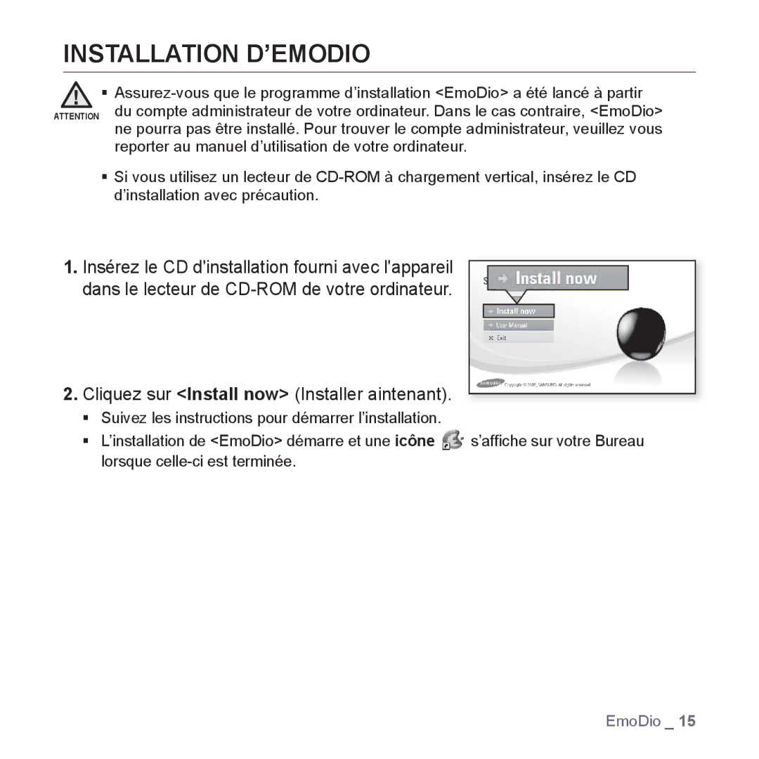 Samsung YP-S2QU/XEF, YP-S2ZB/XEF, YP-S2QR/XEF manual Installation D’EMODIO, Cliquez sur Install now Installer aintenant 