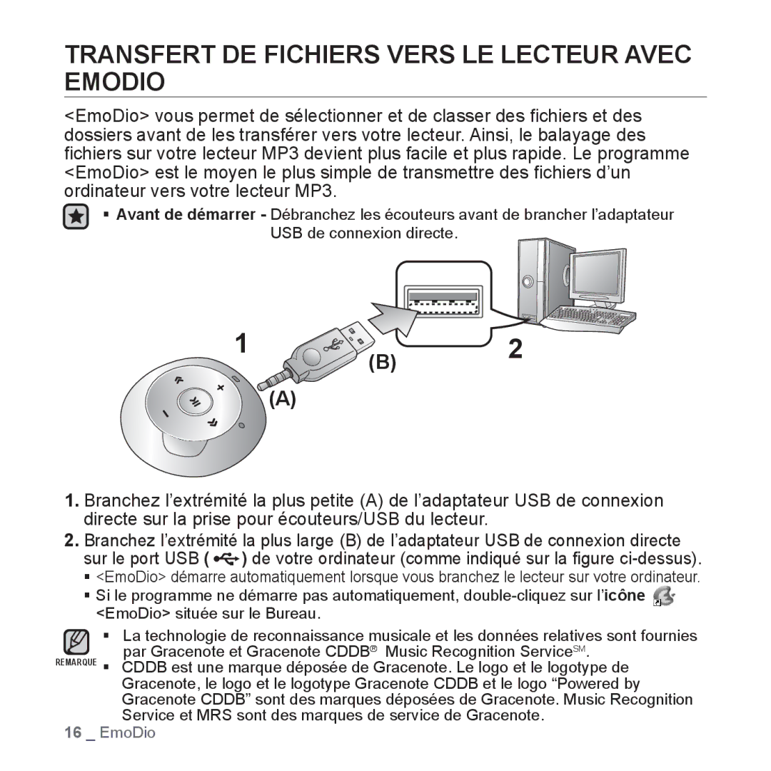 Samsung YP-S2QW/XEF, YP-S2ZB/XEF, YP-S2QR/XEF, YP-S2QB/XEF, YP-S2QU/XEF Transfert DE Fichiers Vers LE Lecteur Avec Emodio 