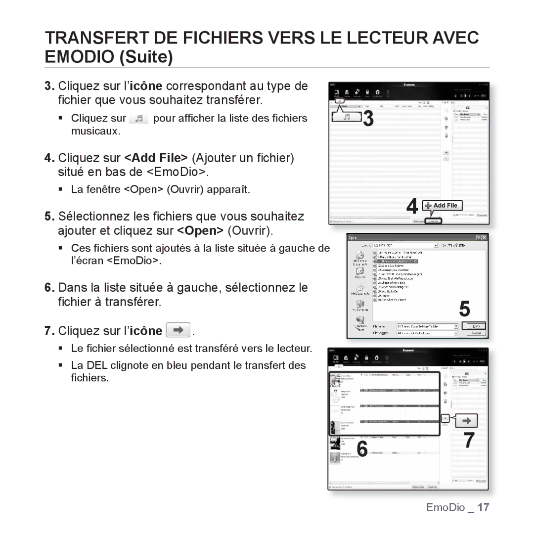 Samsung YP-S2QG/XEF, YP-S2ZB/XEF, YP-S2QR/XEF, YP-S2QB/XEF manual Transfert DE Fichiers Vers LE Lecteur Avec Emodio Suite 