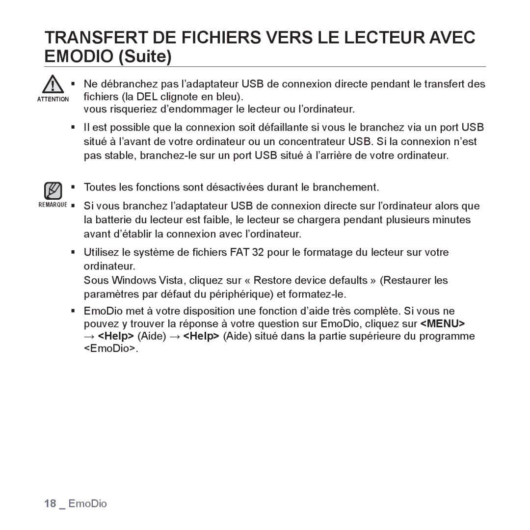 Samsung YP-S2ZB/XEF, YP-S2QR/XEF, YP-S2QB/XEF, YP-S2QU/XEF manual Transfert DE Fichiers Vers LE Lecteur Avec Emodio Suite 