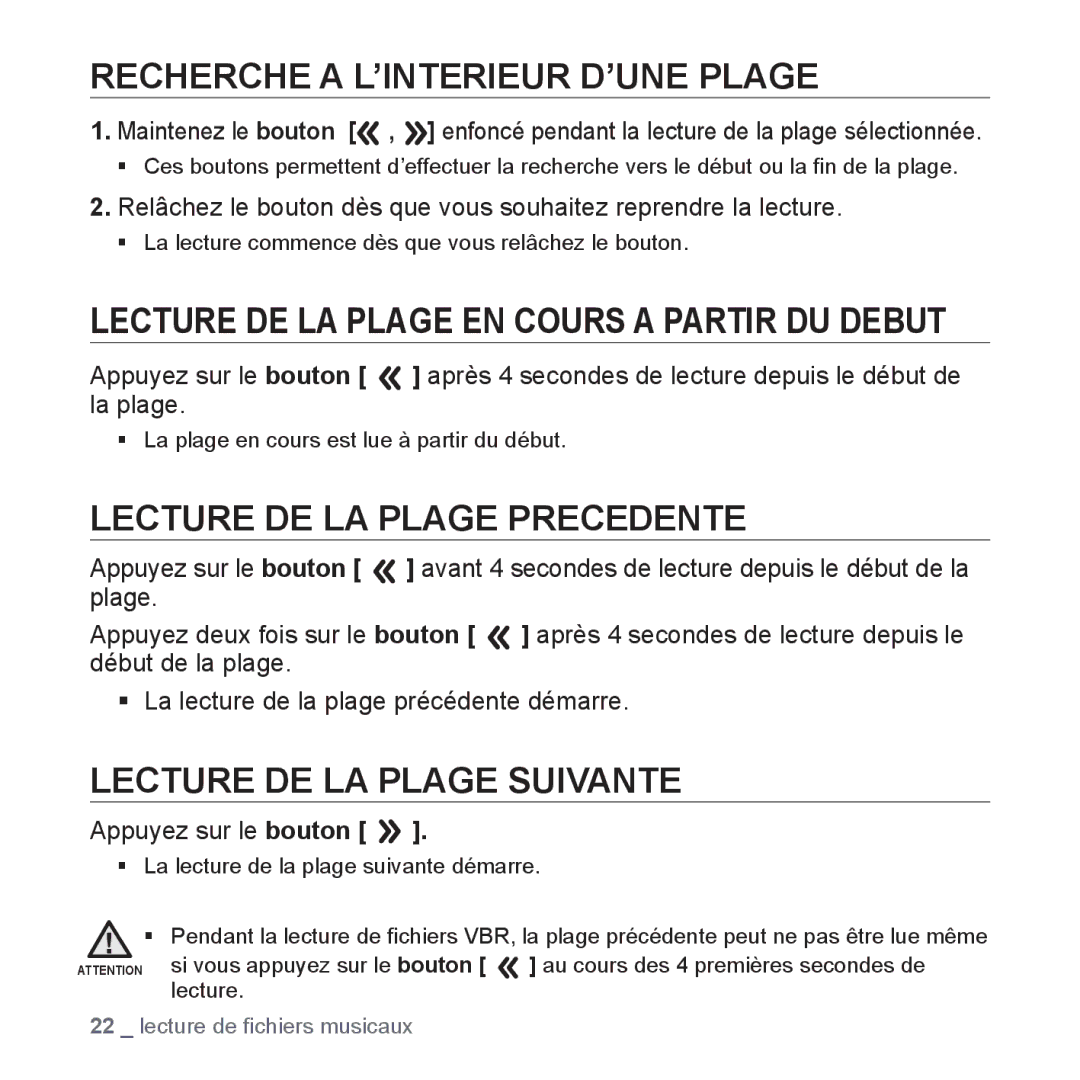 Samsung YP-S2QW/XEF, YP-S2ZB/XEF manual Recherche a L’INTERIEUR D’UNE Plage, Lecture DE LA Plage EN Cours a Partir DU Debut 