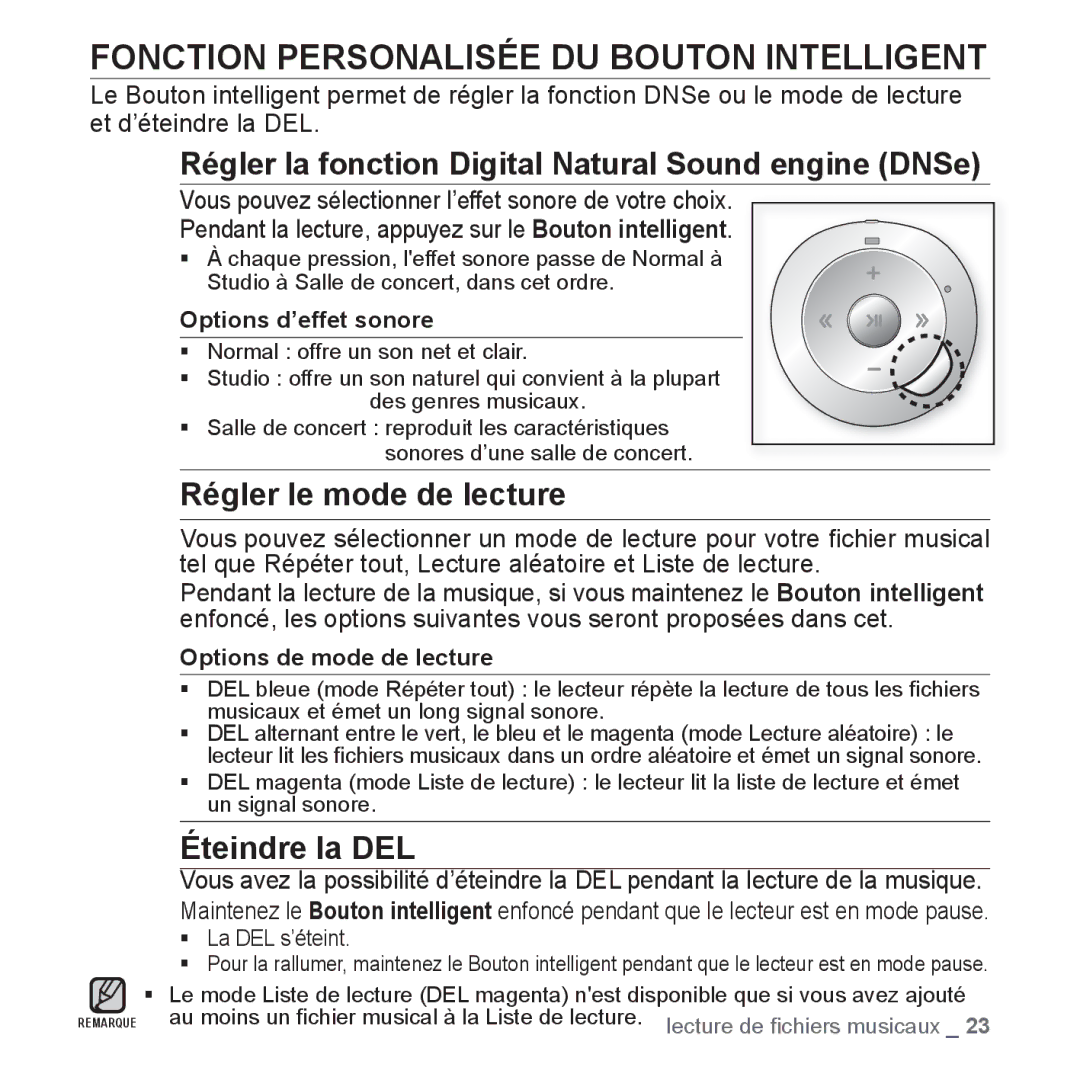 Samsung YP-S2QG/XEF Fonction Personalisée DU Bouton Intelligent, Régler la fonction Digital Natural Sound engine DNSe 