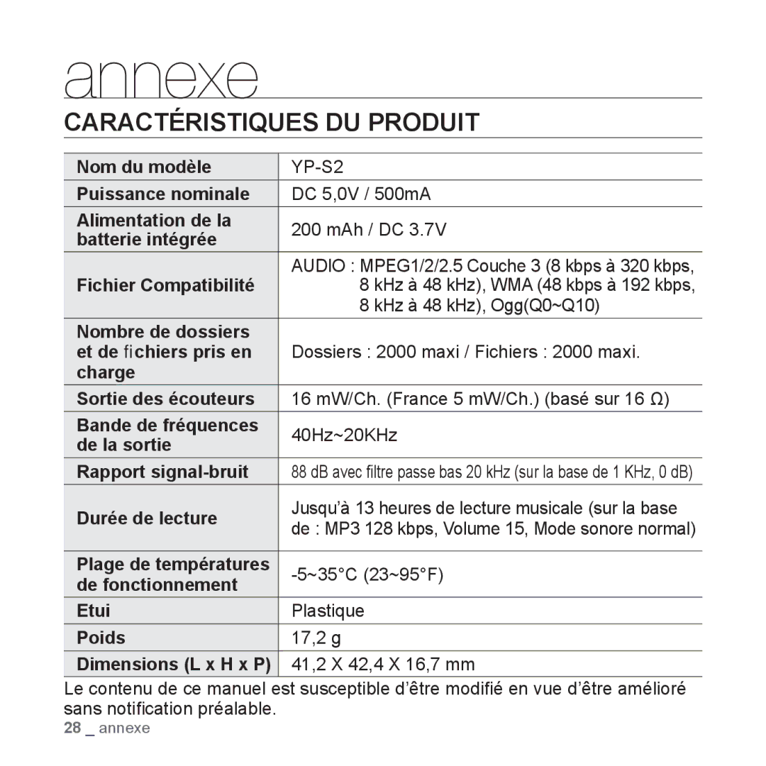 Samsung YP-S2QW/XEF, YP-S2ZB/XEF, YP-S2QR/XEF, YP-S2QB/XEF, YP-S2QU/XEF, YP-S2QG/XEF manual Annexe, Caractéristiques DU Produit 