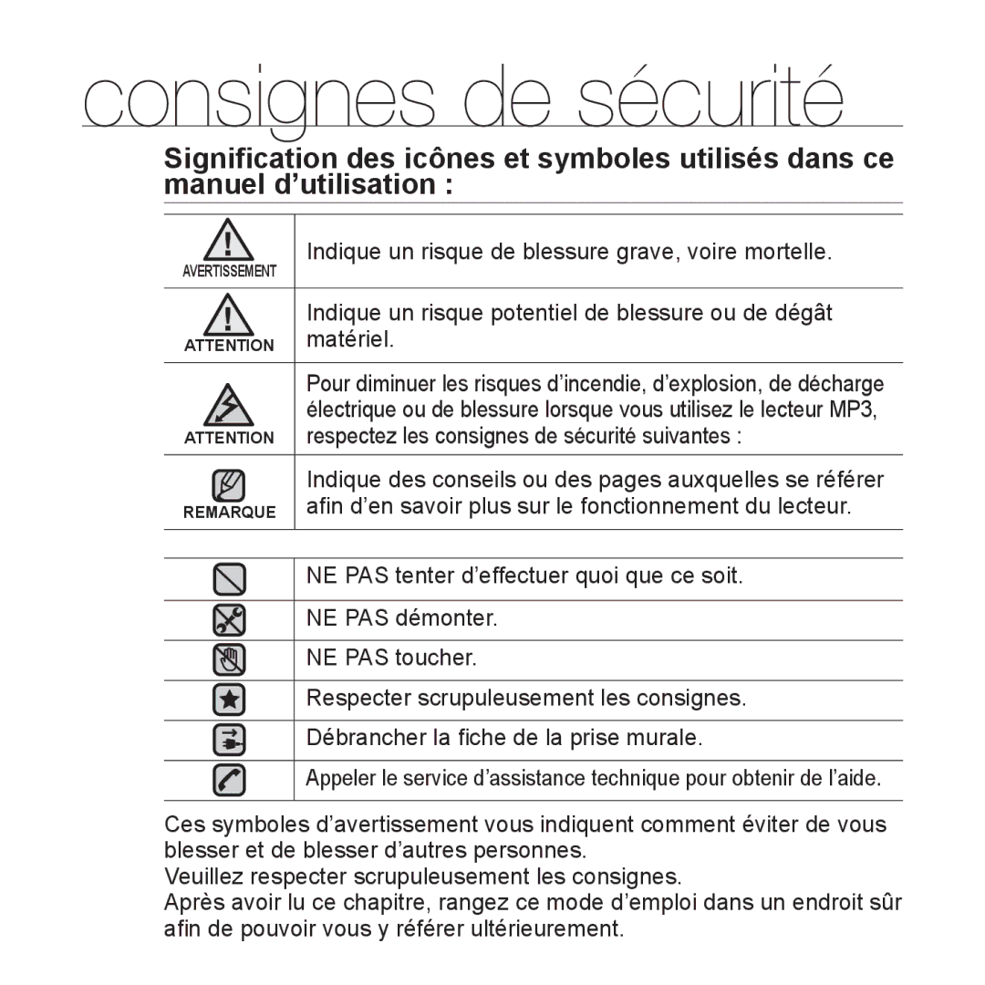 Samsung YP-S2QU/XEF, YP-S2ZB/XEF, YP-S2QR/XEF, YP-S2QB/XEF, YP-S2QW/XEF, YP-S2QG/XEF manual Consignes de sécurité 