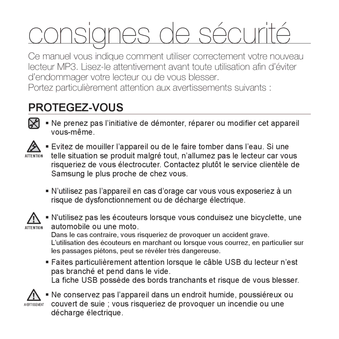 Samsung YP-S2QW/XEF, YP-S2ZB/XEF, YP-S2QR/XEF, YP-S2QB/XEF, YP-S2QU/XEF, YP-S2QG/XEF manual Protegez-Vous, Décharge électrique 