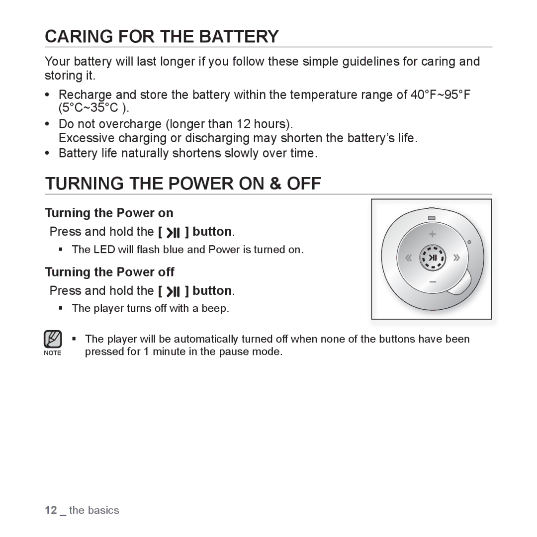 Samsung YP-S2QG/XSV, YP-S2ZG/XSV, YP-S2ZW/XSV Caring for the Battery, Turning the Power on & OFF, Turning the Power off 