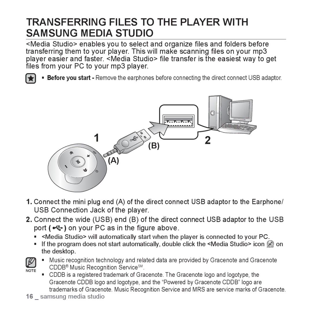 Samsung YP-S2QB/XSV, YP-S2ZG/XSV, YP-S2ZW/XSV, YP-S2QG/XSV manual Transferring Files to the Player with Samsung Media Studio 