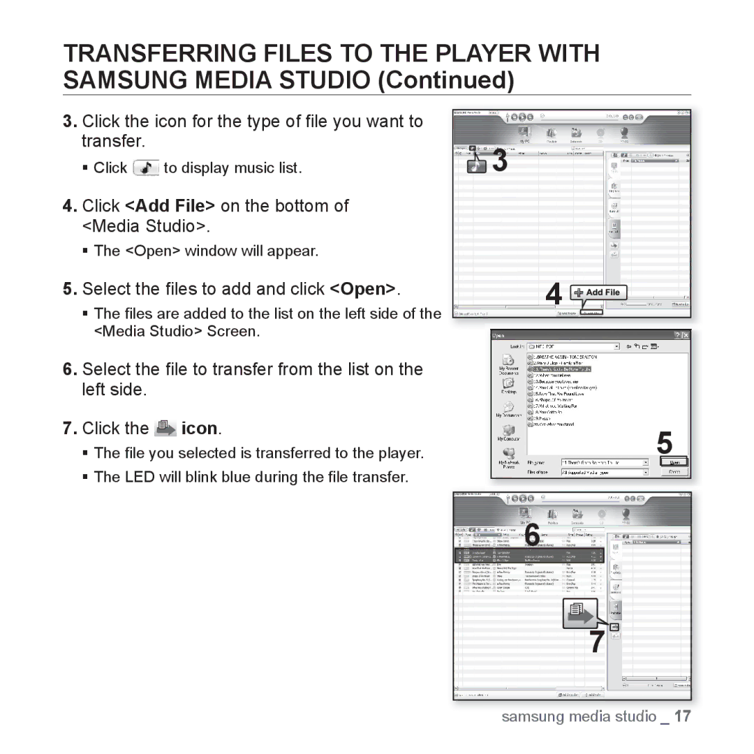 Samsung YP-S2QW/XSV, YP-S2ZG/XSV, YP-S2ZW/XSV, YP-S2QG/XSV manual Transferring Files to the Player with Samsung Media Studio 