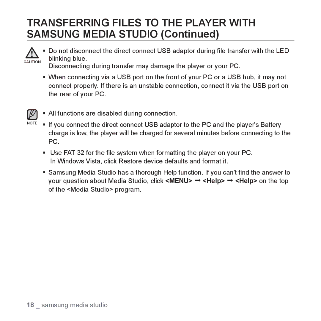 Samsung YP-S2ZU/XSV, YP-S2ZG/XSV, YP-S2ZW/XSV, YP-S2QG/XSV manual Transferring Files to the Player with Samsung Media Studio 