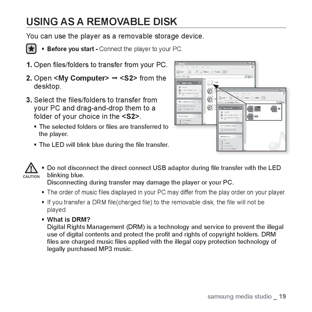 Samsung YP-S2QR/XSV, YP-S2ZG/XSV, YP-S2ZW/XSV, YP-S2QG/XSV Using AS a Removable Disk, Open My Computer S2 from the desktop 