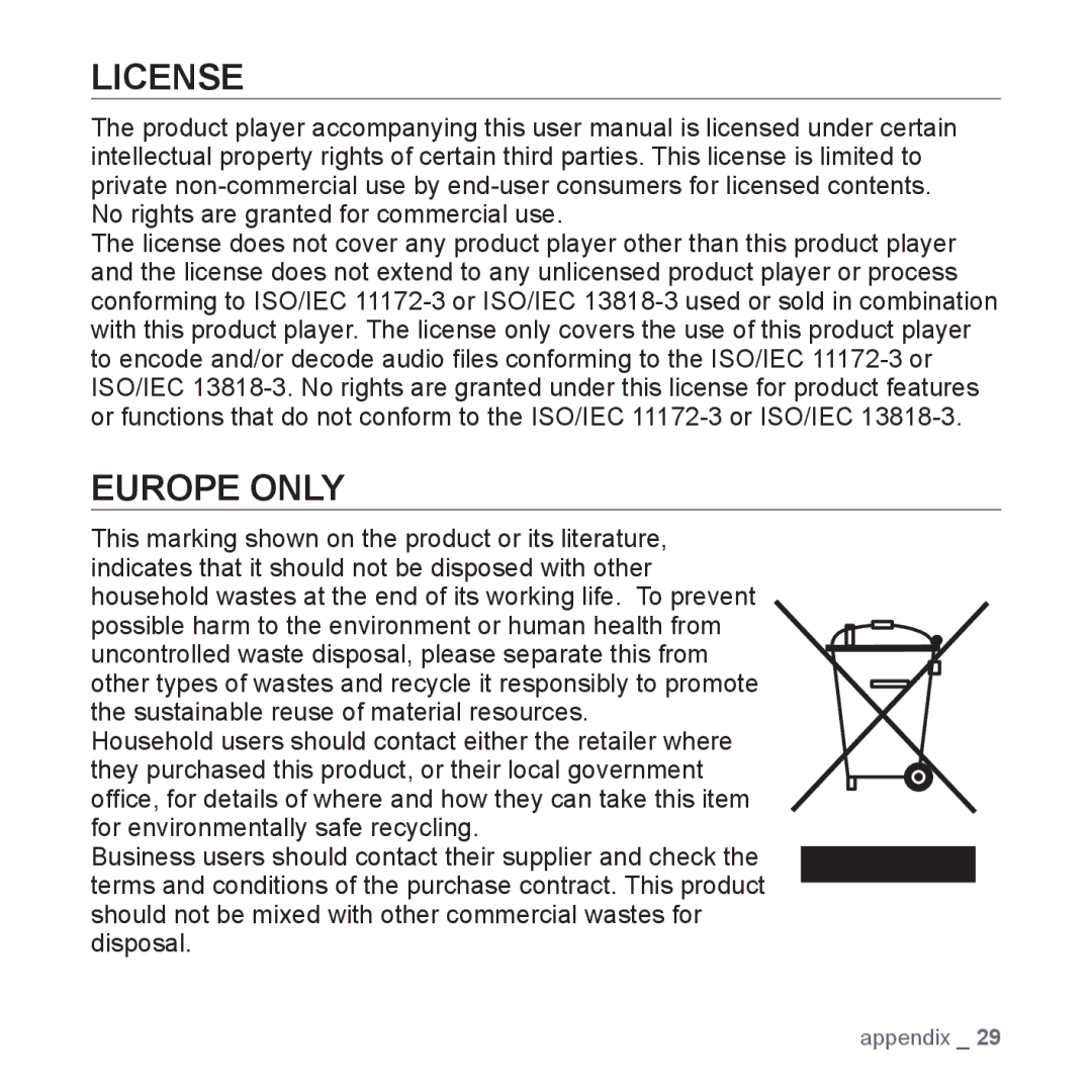 Samsung YP-S2QR/XSV, YP-S2ZG/XSV, YP-S2ZW/XSV, YP-S2QG/XSV, YP-S2ZB/XSV, YP-S2QU/XSV, YP-S2ZR/XSV manual License, Europe only 