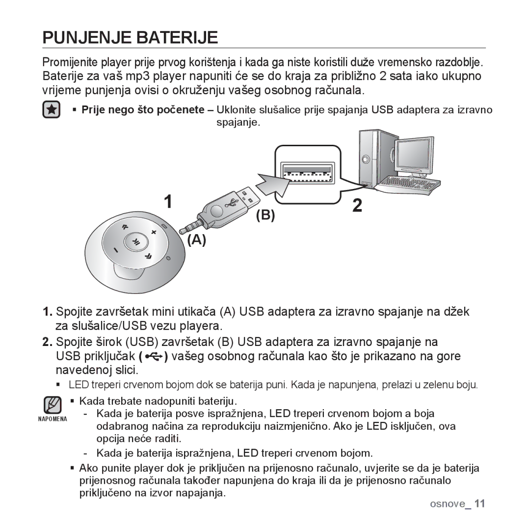 Samsung YP-S2ZU/EDC, YP-S2ZR/EDC, YP-S2ZB/EDC, YP-S2ZG/EDC, YP-S2ZW/EDC manual Punjenje Baterije 