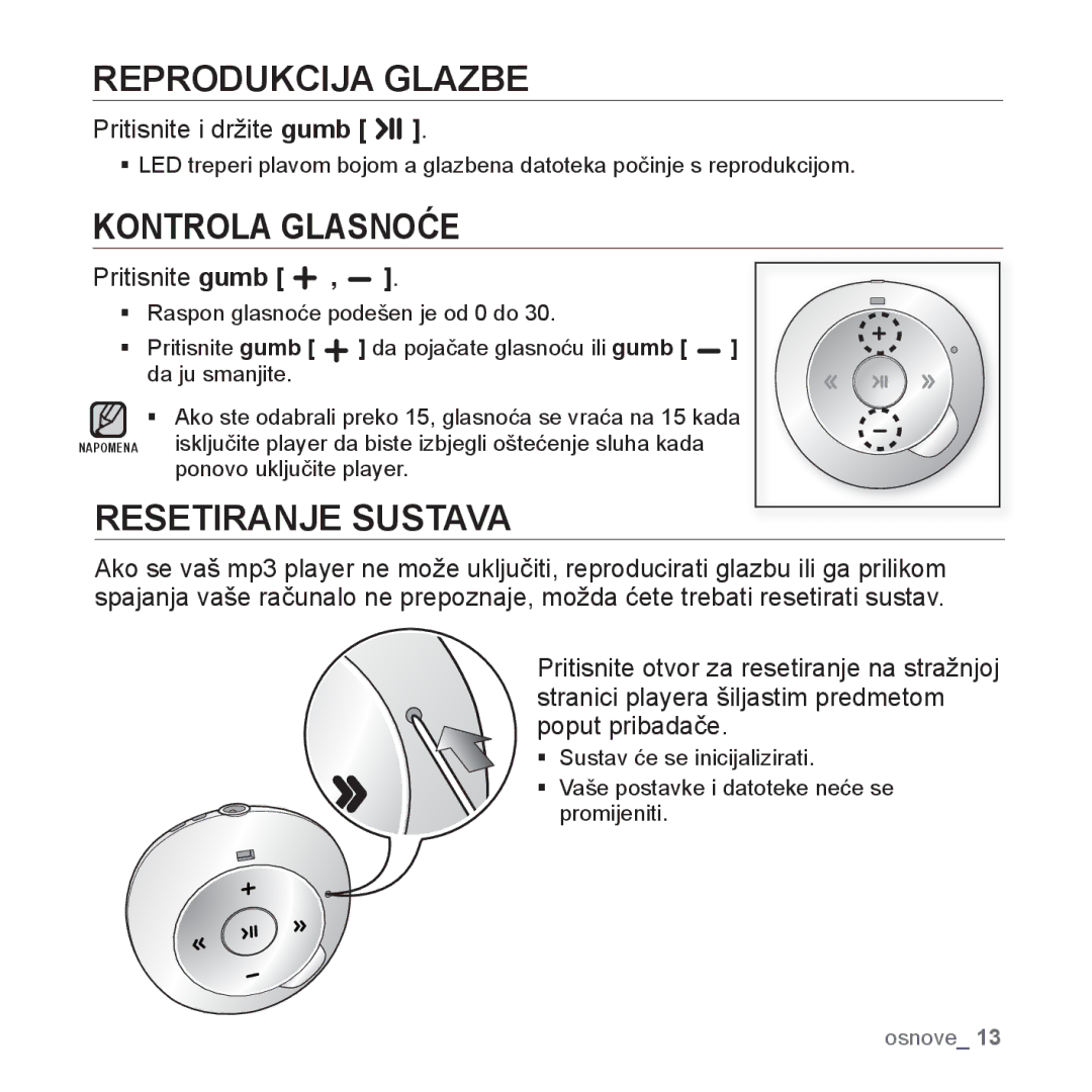 Samsung YP-S2ZG/EDC, YP-S2ZR/EDC, YP-S2ZU/EDC, YP-S2ZB/EDC manual Reprodukcija Glazbe, Kontrola Glasnoće, Resetiranje Sustava 