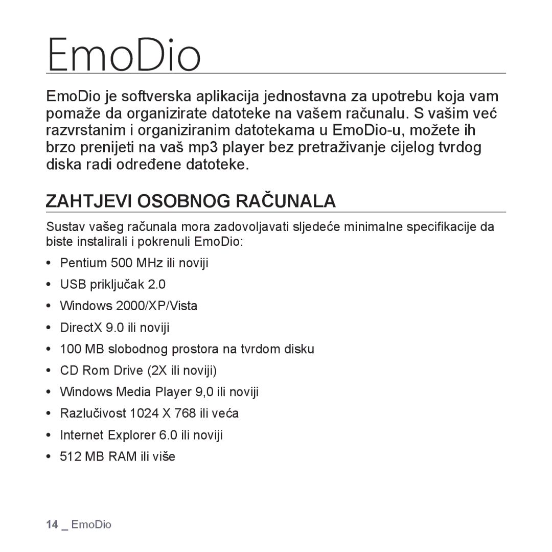 Samsung YP-S2ZW/EDC, YP-S2ZR/EDC, YP-S2ZU/EDC, YP-S2ZB/EDC, YP-S2ZG/EDC manual EmoDio, Zahtjevi Osobnog Računala 