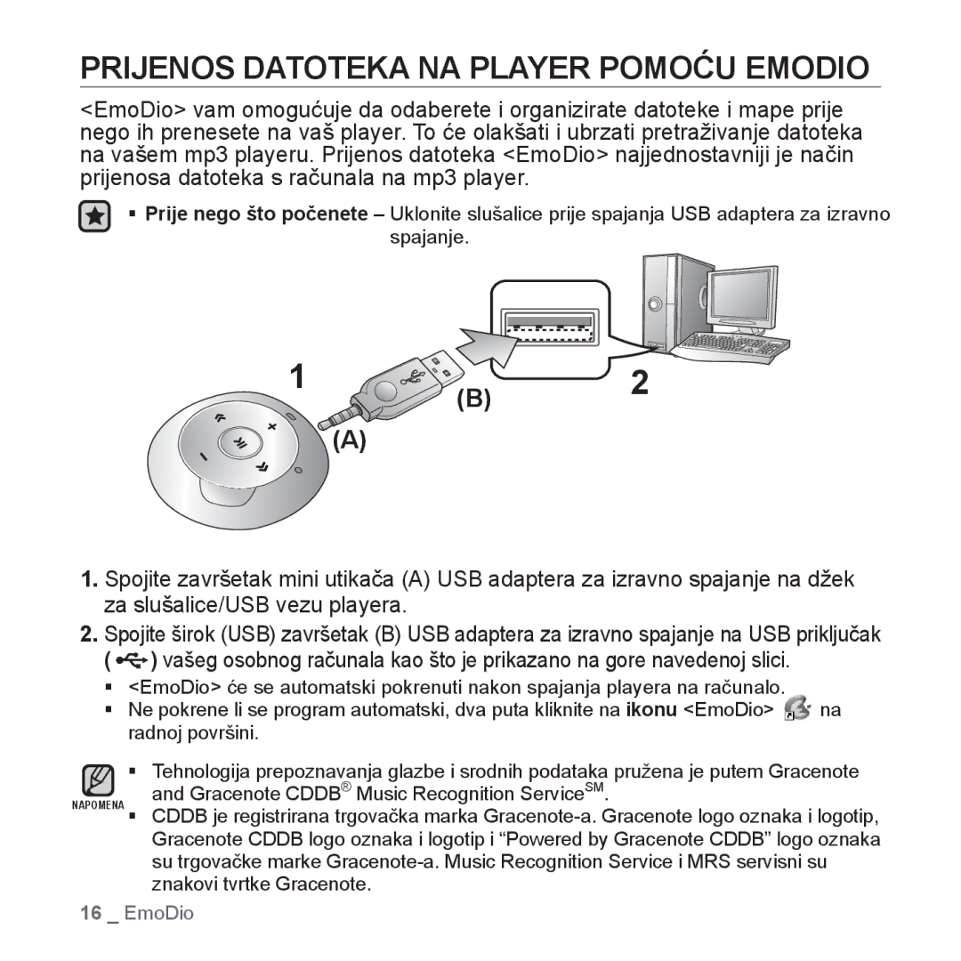 Samsung YP-S2ZU/EDC, YP-S2ZR/EDC, YP-S2ZB/EDC, YP-S2ZG/EDC, YP-S2ZW/EDC manual Prijenos Datoteka NA Player Pomoću Emodio 