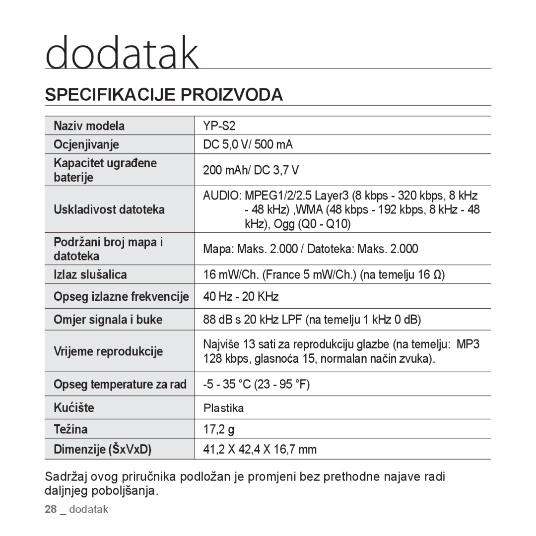 Samsung YP-S2ZG/EDC, YP-S2ZR/EDC, YP-S2ZU/EDC, YP-S2ZB/EDC, YP-S2ZW/EDC manual Dodatak, Specifikacije Proizvoda 