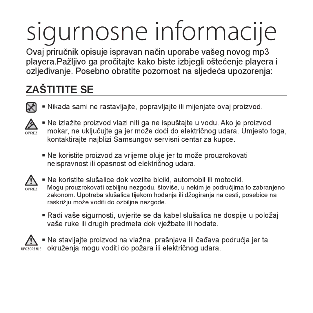 Samsung YP-S2ZW/EDC, YP-S2ZR/EDC, YP-S2ZU/EDC, YP-S2ZB/EDC, YP-S2ZG/EDC manual Zaštitite SE 