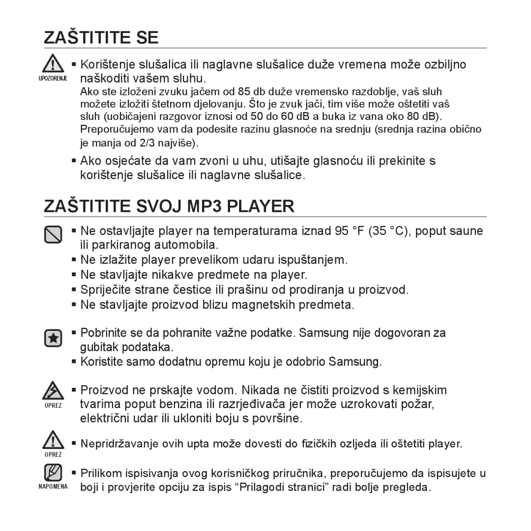 Samsung YP-S2ZR/EDC, YP-S2ZU/EDC, YP-S2ZB/EDC, YP-S2ZG/EDC, YP-S2ZW/EDC manual Zaštitite Svoj MP3 Player 