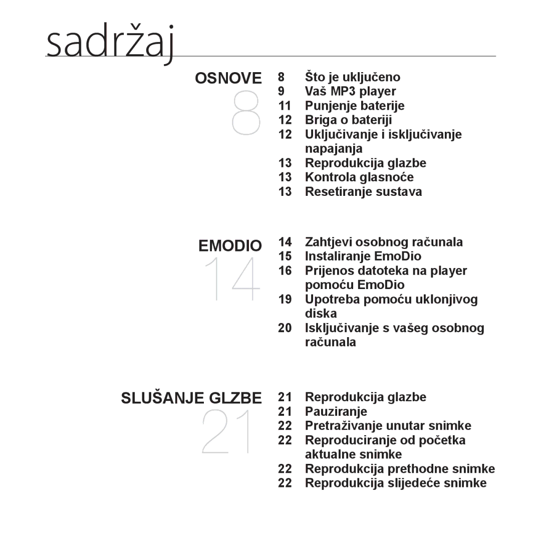 Samsung YP-S2ZU/EDC, YP-S2ZR/EDC, YP-S2ZB/EDC, YP-S2ZG/EDC, YP-S2ZW/EDC manual Sadržaj 