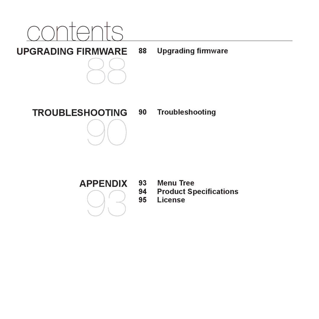 Samsung YP-S3 user manual Upgrading ﬁrmware, Troubleshooting, Menu Tree, License 