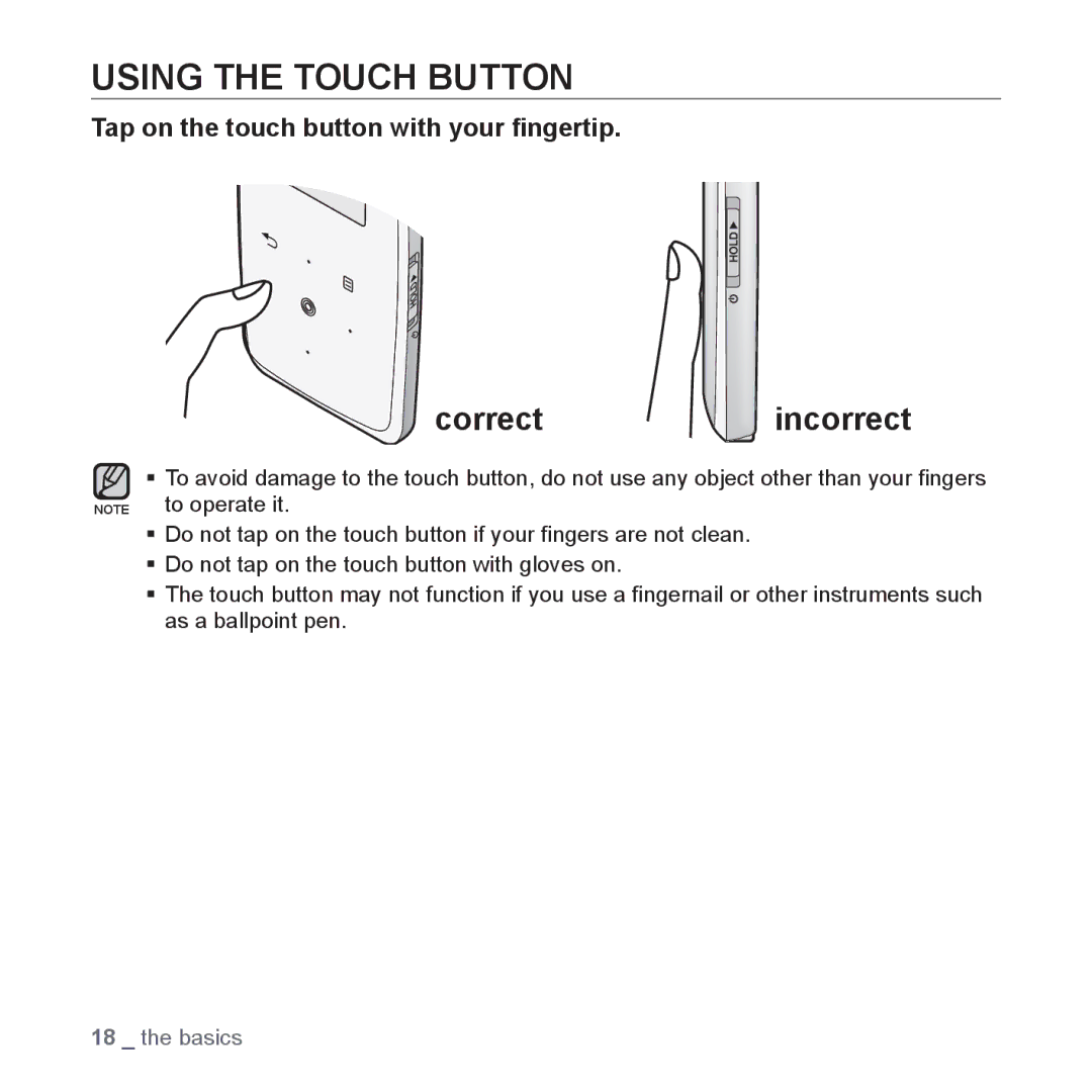 Samsung YP-S3 user manual Using the Touch Button, Correctincorrect, Tap on the touch button with your ﬁngertip 