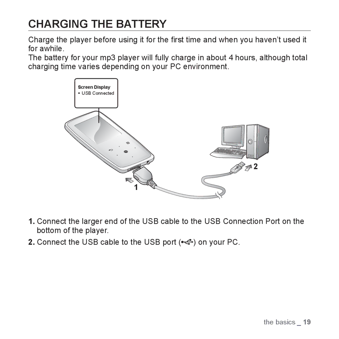 Samsung YP-S3 user manual Charging the Battery 