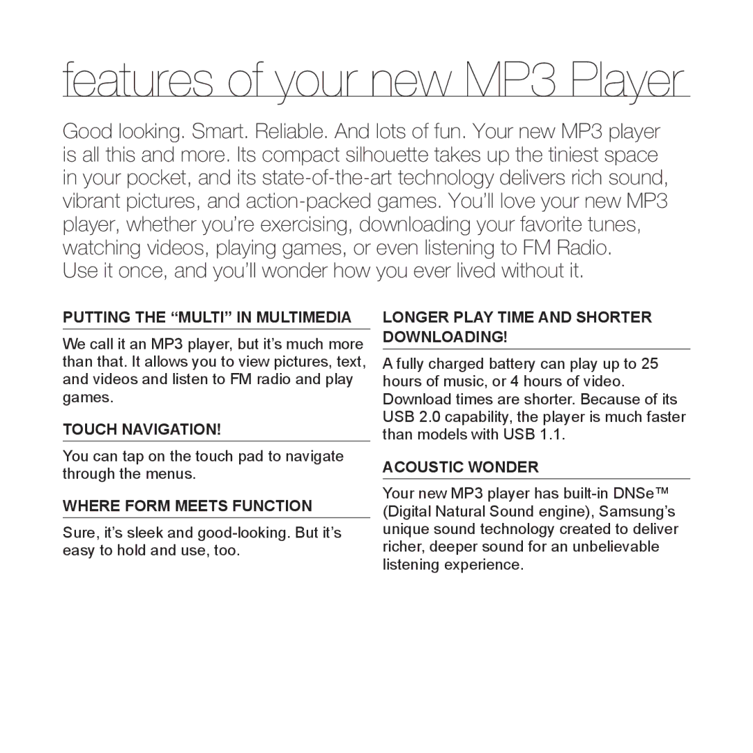 Samsung YP-S3 user manual Features of your new MP3 Player 