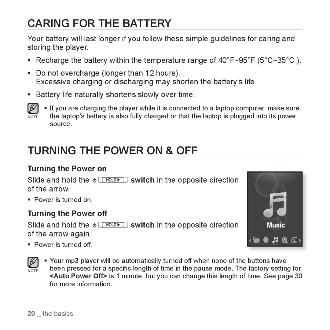 Samsung YP-S3 user manual Caring for the Battery, Turning the Power on & OFF, Turning the Power off 