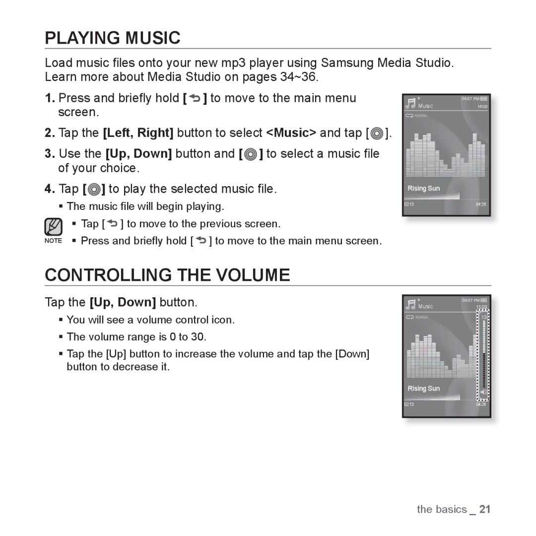 Samsung YP-S3 user manual Playing Music, Controlling the Volume, Tap the Up, Down button 